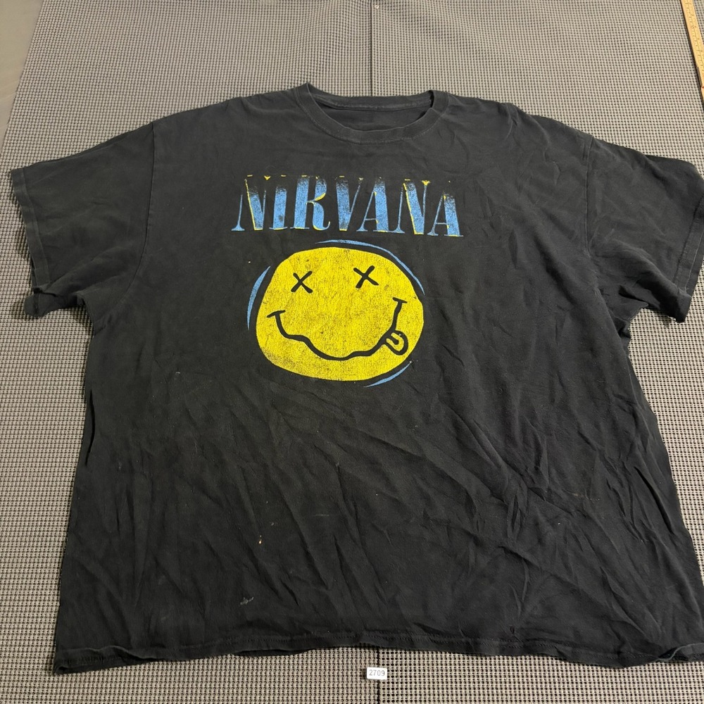 Nirvana Smiley Face Graphic T-Shirt Black Mens Size Estimated 2XL